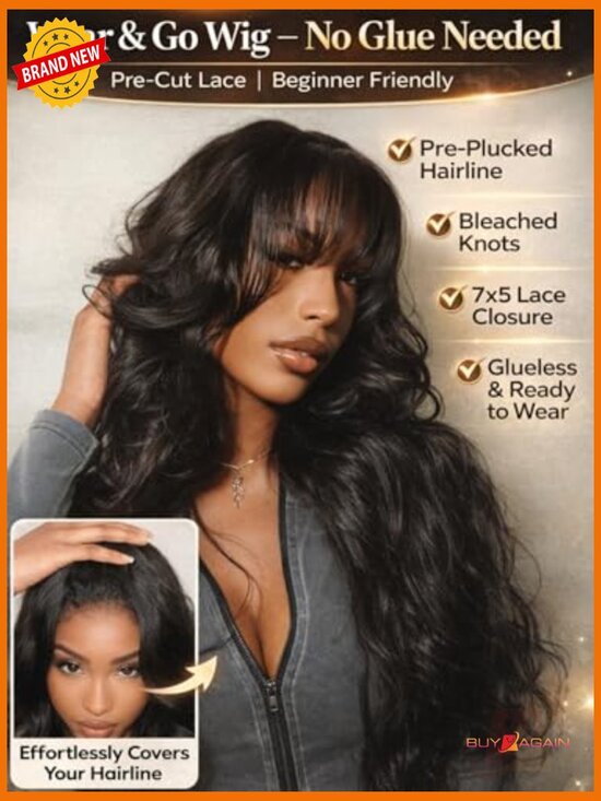 Body Wave Human Hair Wig with Wispy Bangs, Glueless Lace Front, Pre-Plucked main image 5